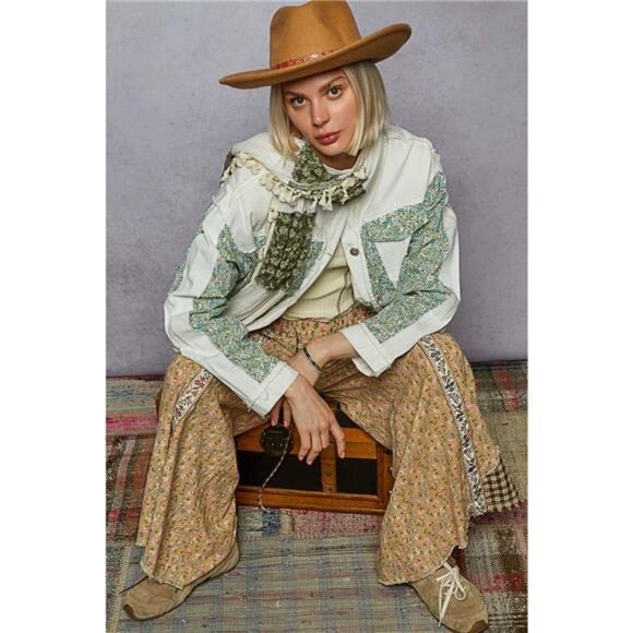 POL Button Down Patchwork Denim Jacket with Floral Print Details - Picture 7 of 8